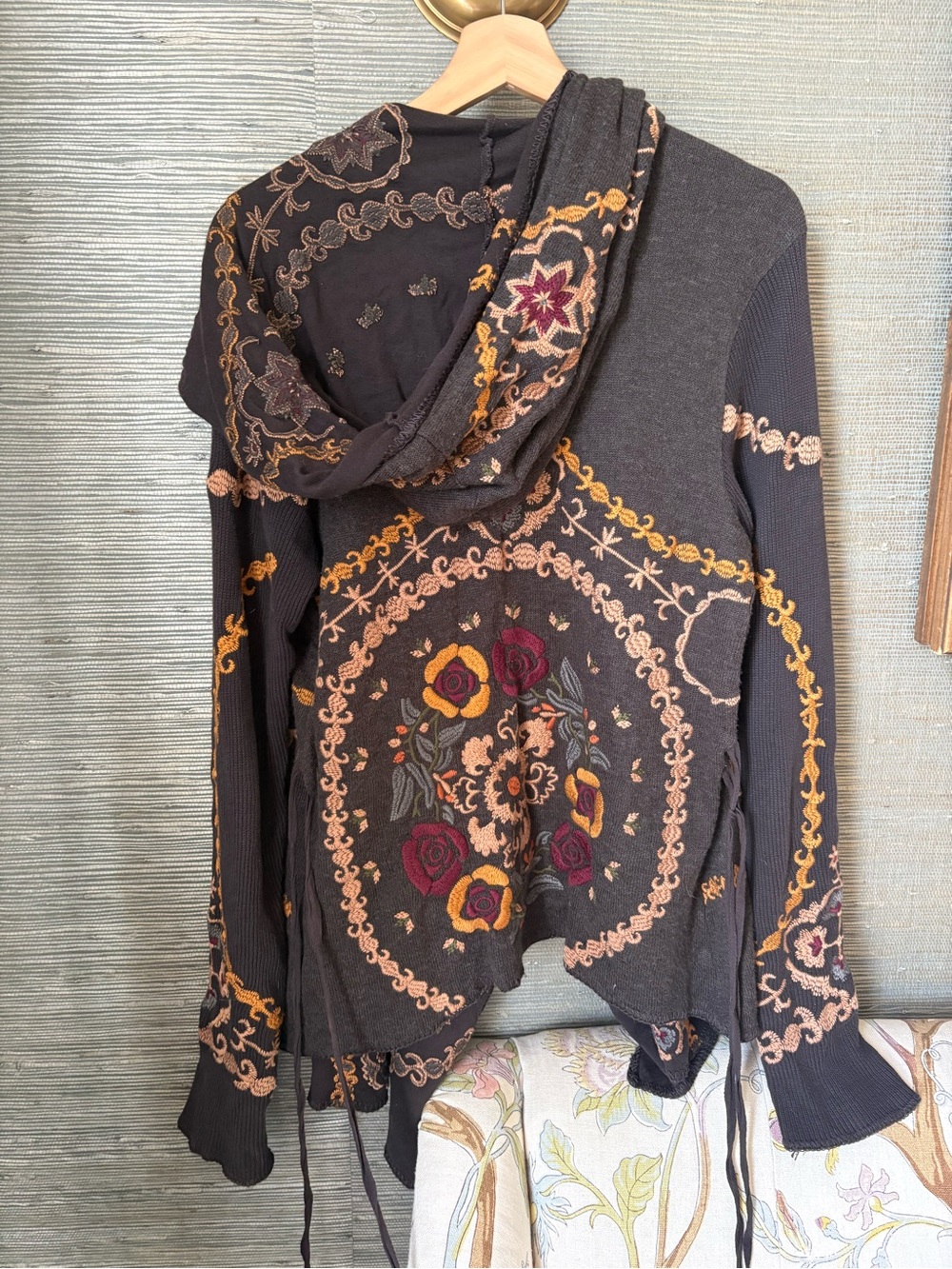 Johnny Was Dark Brown Embroidered Hooded Women's Sweater